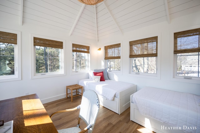 bedroom with hardwood / wood-style flooring and vaulted ceiling