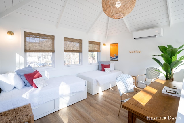 bedroom with lofted ceiling with beams, wood-type flooring, an AC wall unit, and wood ceiling