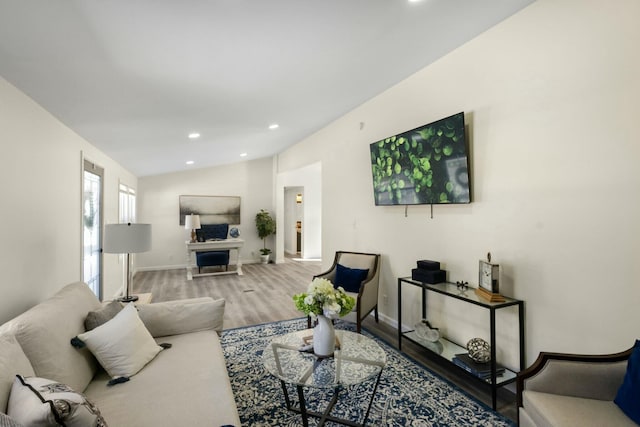 living room featuring lofted ceiling and hardwood / wood-style floors