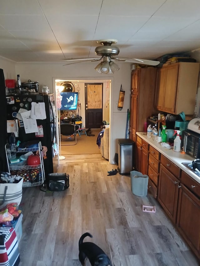 kitchen with ceiling fan and light wood-type flooring