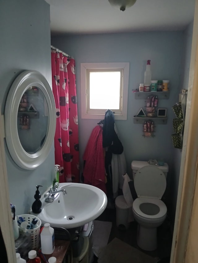 bathroom featuring a shower with curtain, toilet, and sink