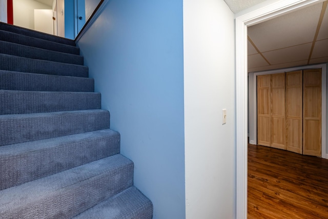 staircase with hardwood / wood-style flooring and a paneled ceiling