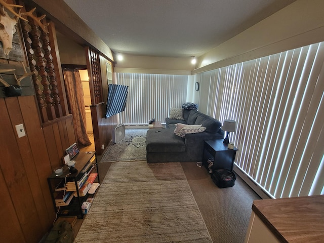 living room featuring dark colored carpet