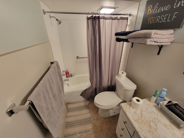 full bathroom with shower / bath combination with curtain, vanity, toilet, and tile patterned flooring