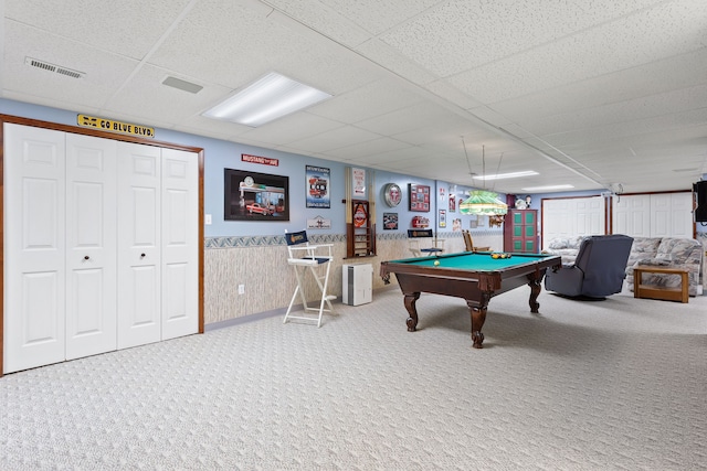 rec room featuring pool table, carpet floors, and a drop ceiling