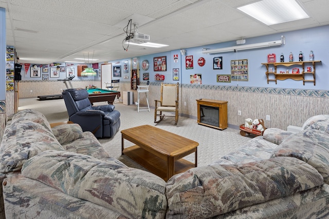 living room featuring carpet, a paneled ceiling, and billiards