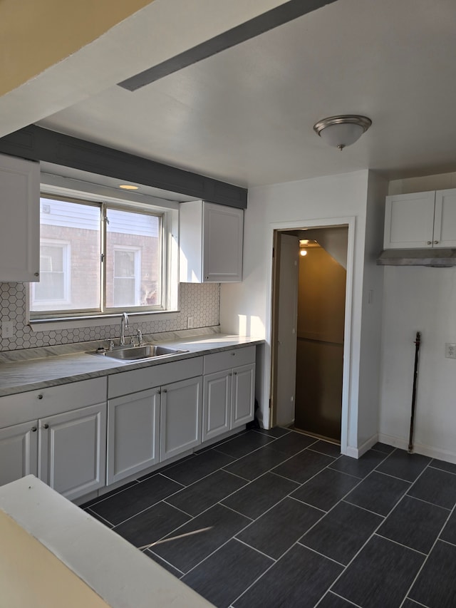 kitchen featuring white cabinetry, sink, and decorative backsplash