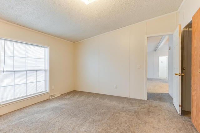 carpeted spare room with ornamental molding and a textured ceiling