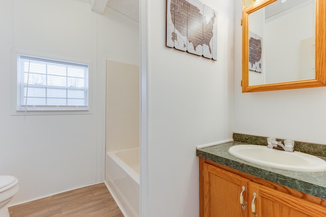 bathroom featuring vanity, wood-type flooring, and toilet