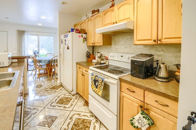 kitchen featuring sink, white appliances, backsplash, light tile patterned flooring, and light brown cabinets