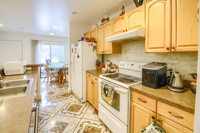 kitchen featuring light brown cabinetry, sink, decorative backsplash, light tile patterned floors, and white appliances