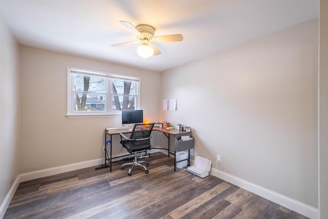 office space with dark wood-type flooring and ceiling fan