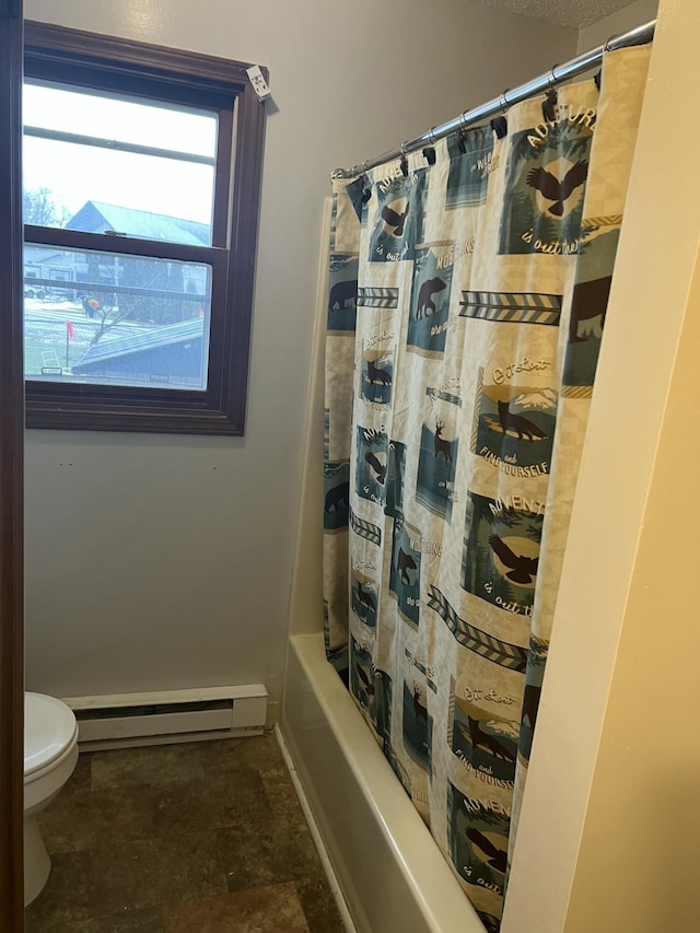 bathroom with shower / bath combo with shower curtain, baseboard heating, and toilet