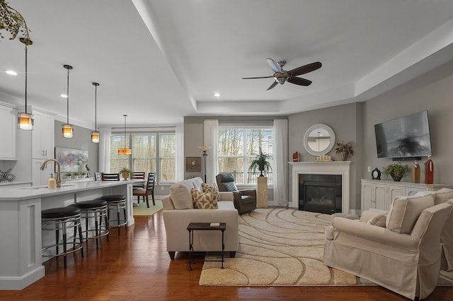 living room featuring a raised ceiling, ceiling fan, sink, and dark hardwood / wood-style flooring