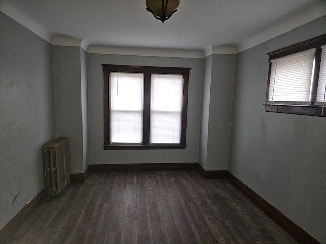 empty room with radiator heating unit, dark hardwood / wood-style floors, and a healthy amount of sunlight