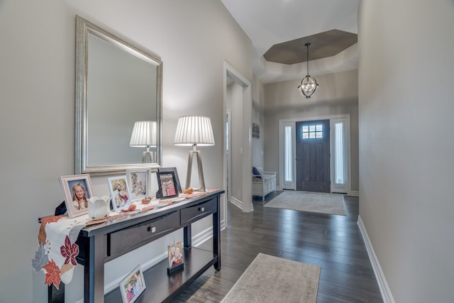 foyer with dark hardwood / wood-style flooring, a raised ceiling, and a notable chandelier