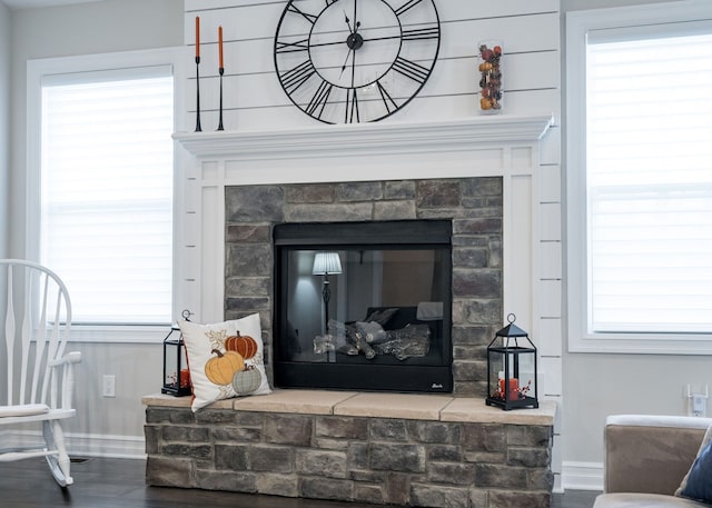 interior details with hardwood / wood-style floors and a stone fireplace