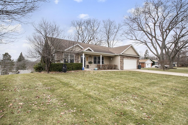 single story home featuring a garage, covered porch, and a front yard