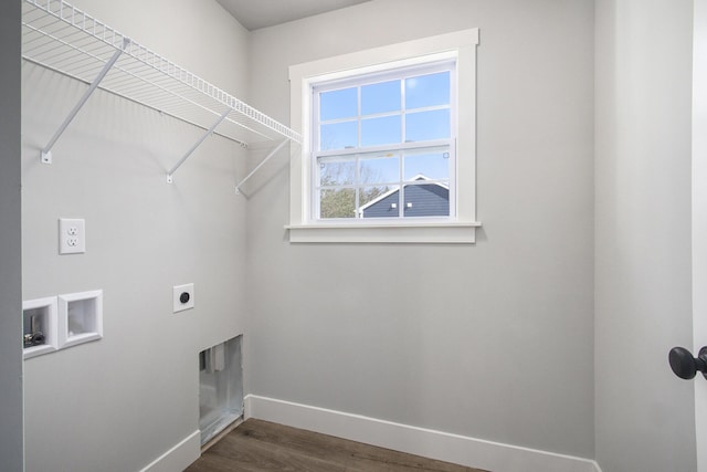 304 Ash St, South Haven, MI 49090 - laundry room with hookup for an electric dryer, washer hookup, laundry area, baseboards, and dark wood finished floors