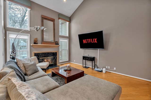 living room featuring high vaulted ceiling, hardwood / wood-style floors, and a fireplace