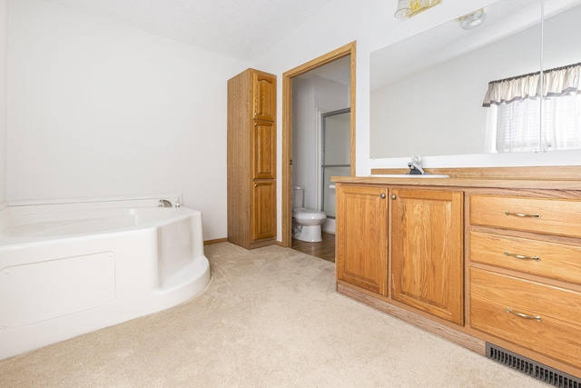 bathroom featuring vanity, a tub to relax in, and toilet