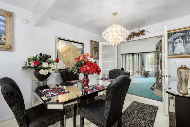 dining room featuring beamed ceiling, a chandelier, and light carpet