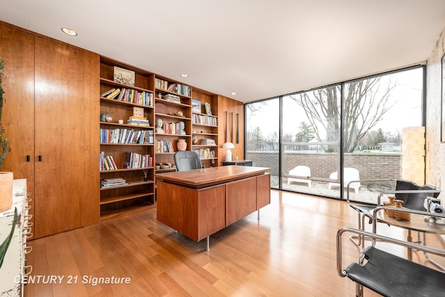 home office featuring expansive windows and light hardwood / wood-style flooring