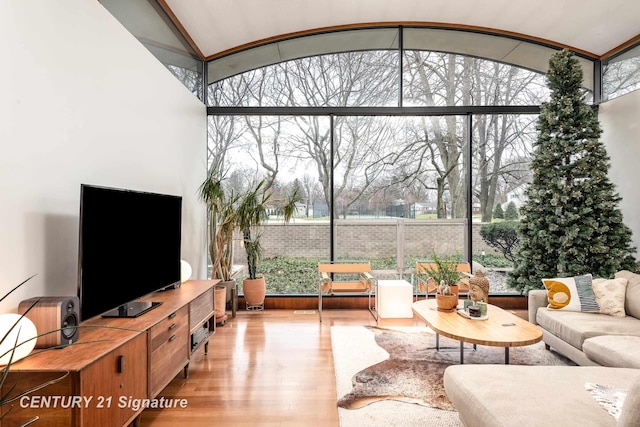 living room featuring a wall of windows, vaulted ceiling, and light wood-type flooring