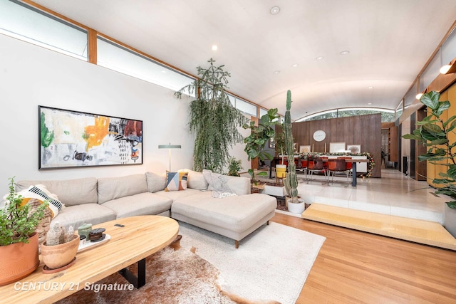 living room featuring lofted ceiling and hardwood / wood-style floors