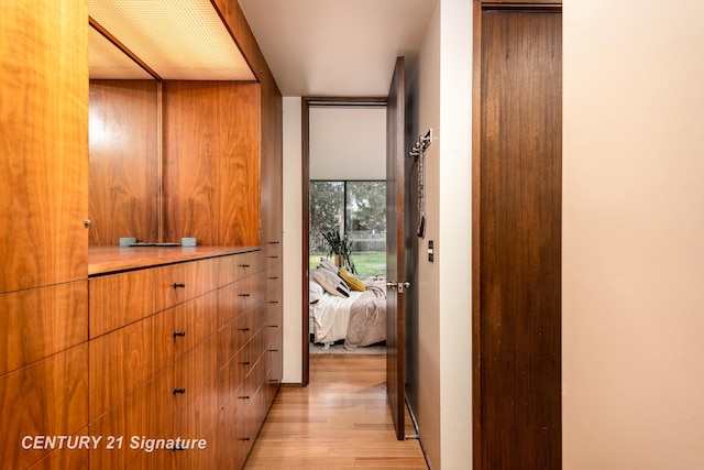 corridor featuring light hardwood / wood-style flooring and floor to ceiling windows