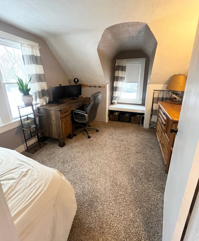 carpeted bedroom featuring lofted ceiling and a textured ceiling