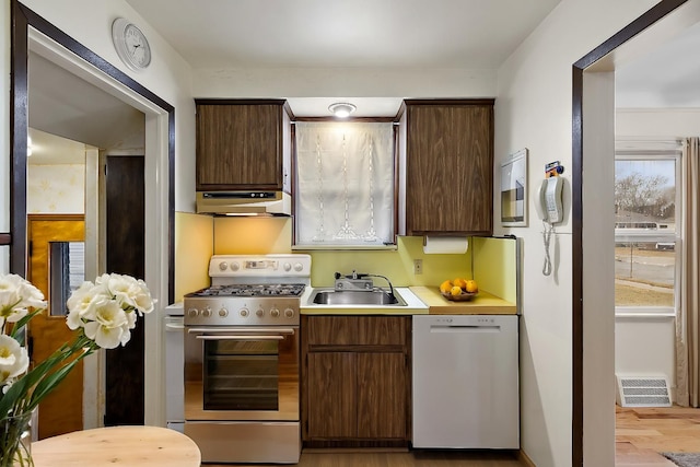 kitchen with dark brown cabinetry, white dishwasher, sink, and stainless steel range with gas stovetop