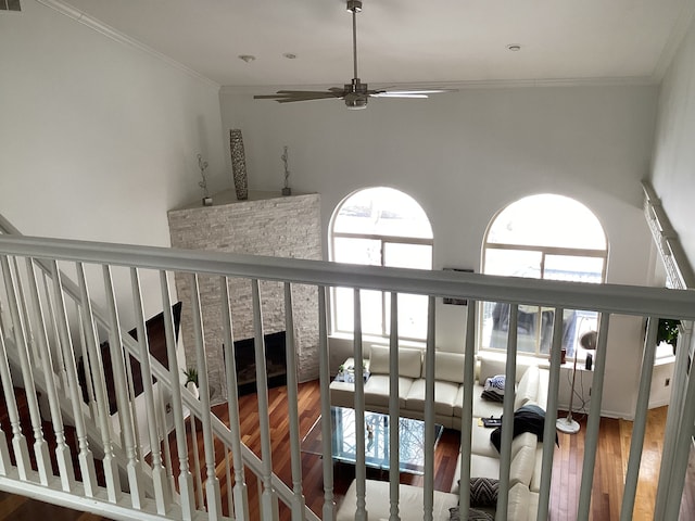 staircase with wood-type flooring, a wealth of natural light, and crown molding