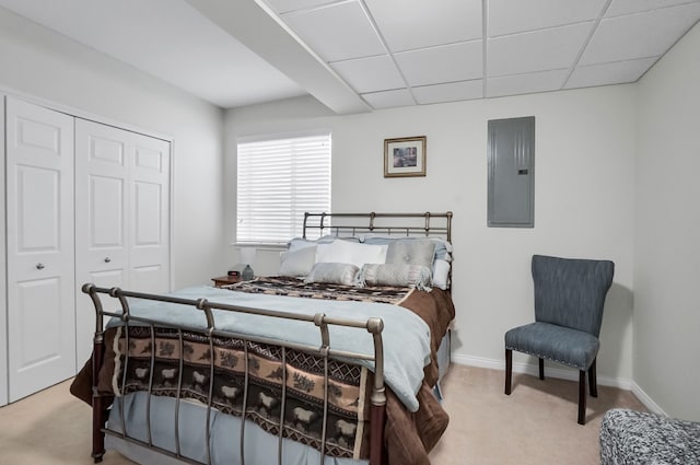 carpeted bedroom with a paneled ceiling, a closet, and electric panel