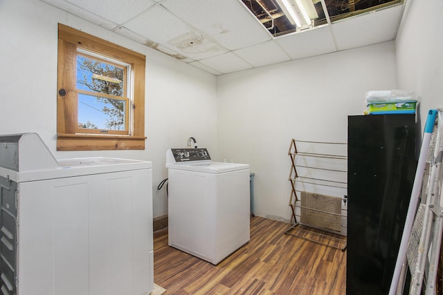 laundry room featuring washer and dryer and dark hardwood / wood-style floors