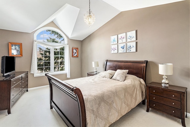 bedroom featuring light colored carpet, vaulted ceiling, baseboards, and an inviting chandelier