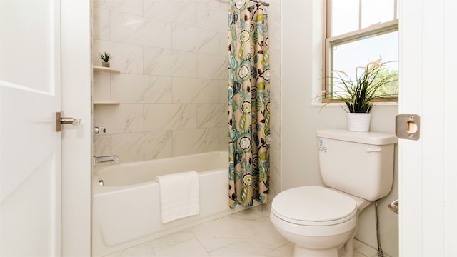 bathroom featuring shower / bathtub combination with curtain and toilet