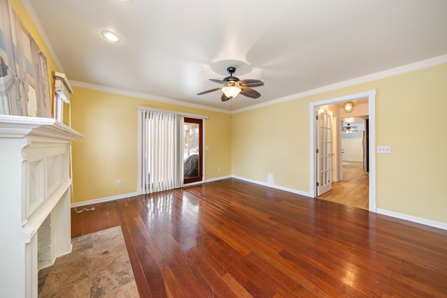 unfurnished living room with wood-type flooring, ceiling fan, and crown molding