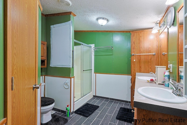 bathroom with an enclosed shower, vanity, a textured ceiling, and toilet