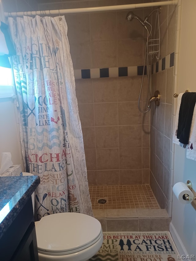 bathroom with vanity, toilet, and walk in shower