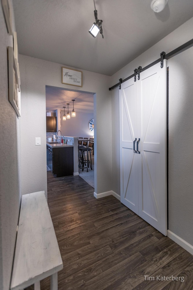 hallway with a barn door, dark hardwood / wood-style flooring, and sink