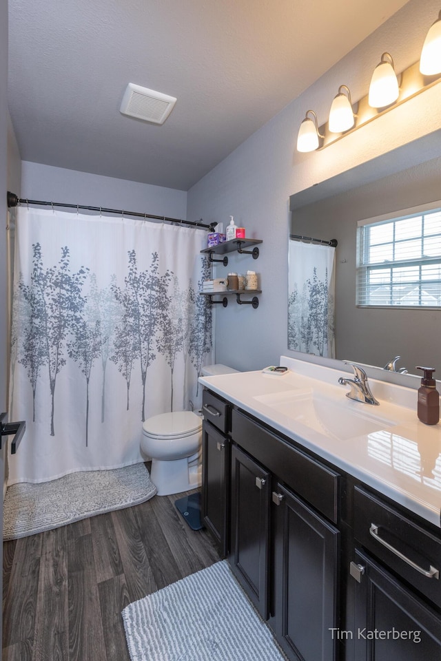 bathroom featuring wood-type flooring, vanity, and toilet