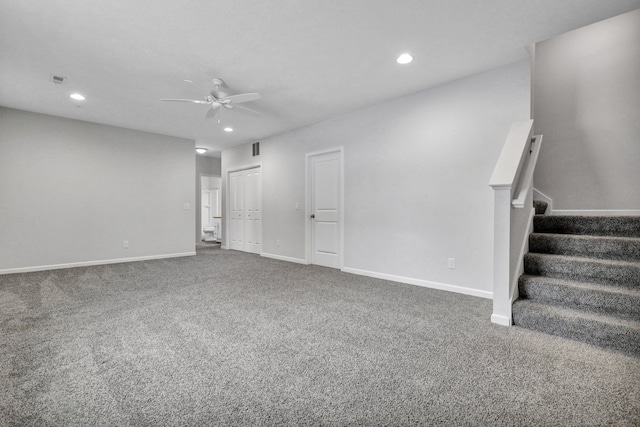 interior space featuring stairs, recessed lighting, a ceiling fan, and baseboards