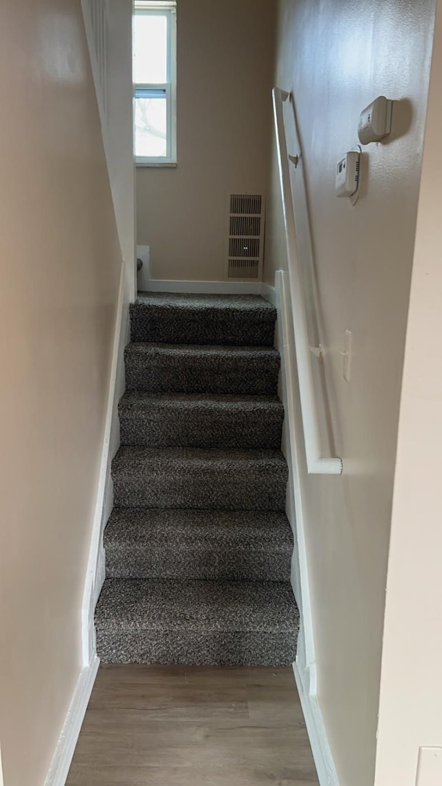 staircase with hardwood / wood-style flooring