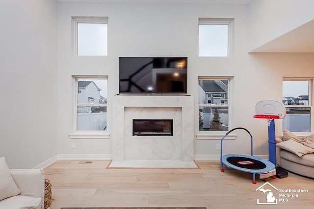 living room with a towering ceiling, light hardwood / wood-style flooring, and a premium fireplace