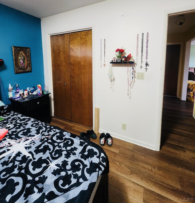 bedroom with dark wood-type flooring and a closet