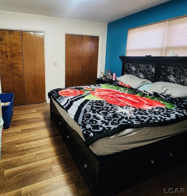 bedroom with light hardwood / wood-style flooring and multiple closets