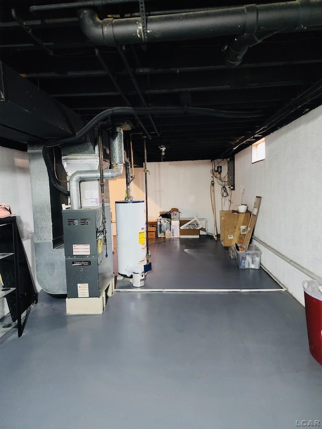 basement with water heater and electric panel