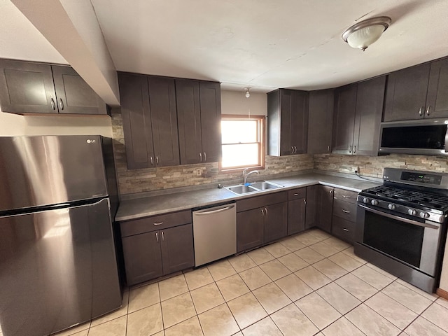 kitchen with dark brown cabinetry, sink, tasteful backsplash, and stainless steel appliances