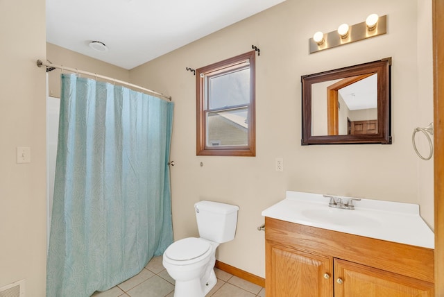 bathroom featuring tile patterned floors, toilet, a shower with shower curtain, and vanity